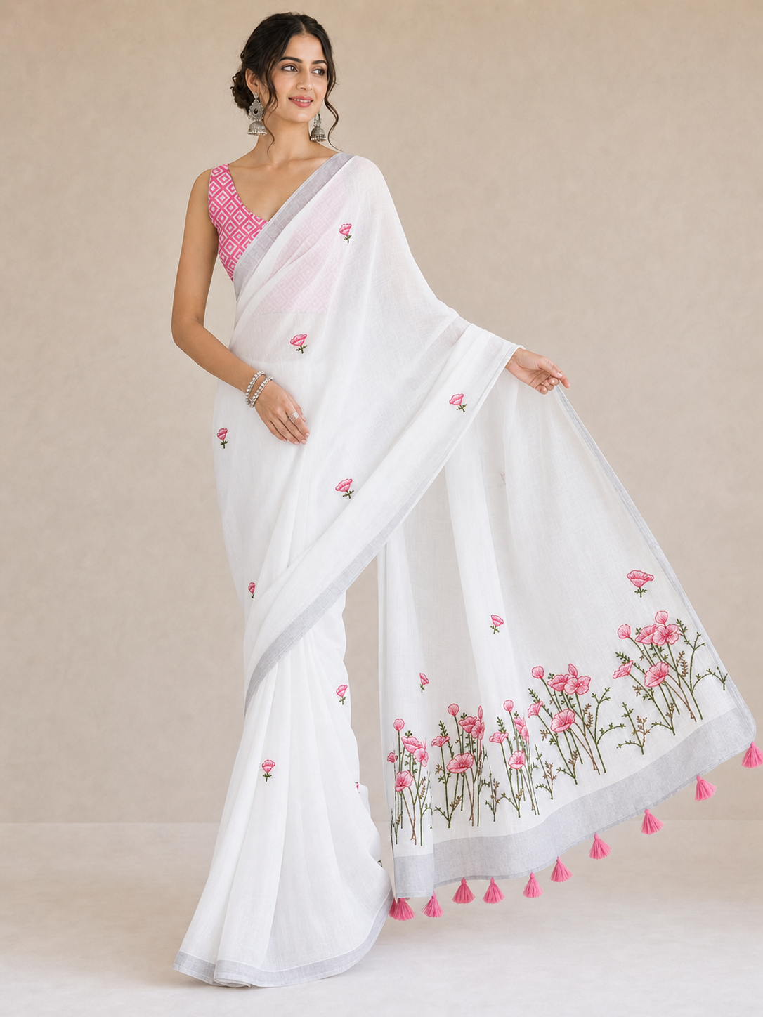 White Pure Linen Saree with Floral Embroidery and Tassel Detailing - Image 3