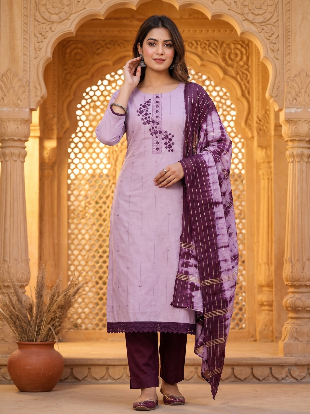 Light Purple Cotton Blend Dress Material With Delicate Floral Thread & Sequin Embellishments - Image 1