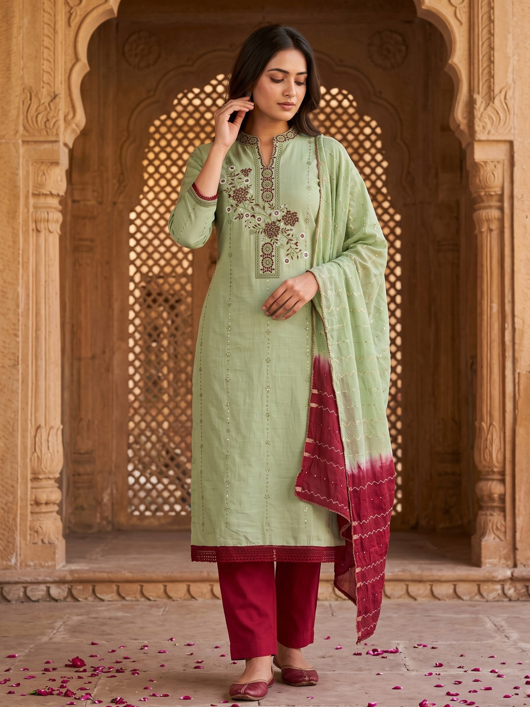 Graceful Green Cotton Blend Dress Material With Embroidered Florals And Sequin Accents - Image 2