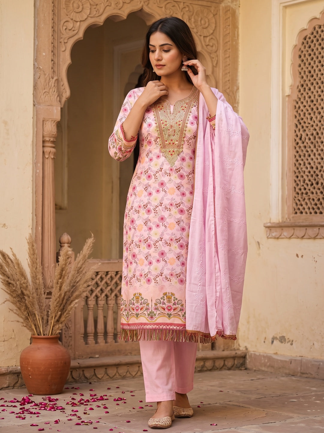 Pink Dress Material With Floral Digital Print & Subtle Sequins Embroidery Work - Image 1