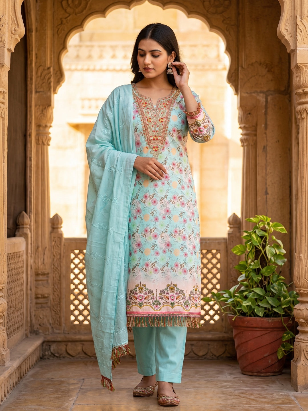 Turquoise Dress Material With Floral Digital Print & Subtle Sequins Embroidery Work - Image 1
