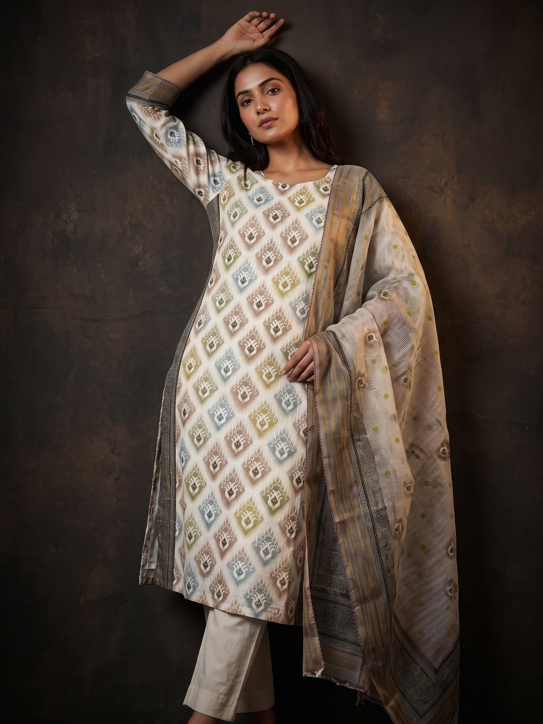 White & Matte Beige Dress Material In Cotton Blend With Delicate Digital Print & Sifli Embroidery Work - Image 1