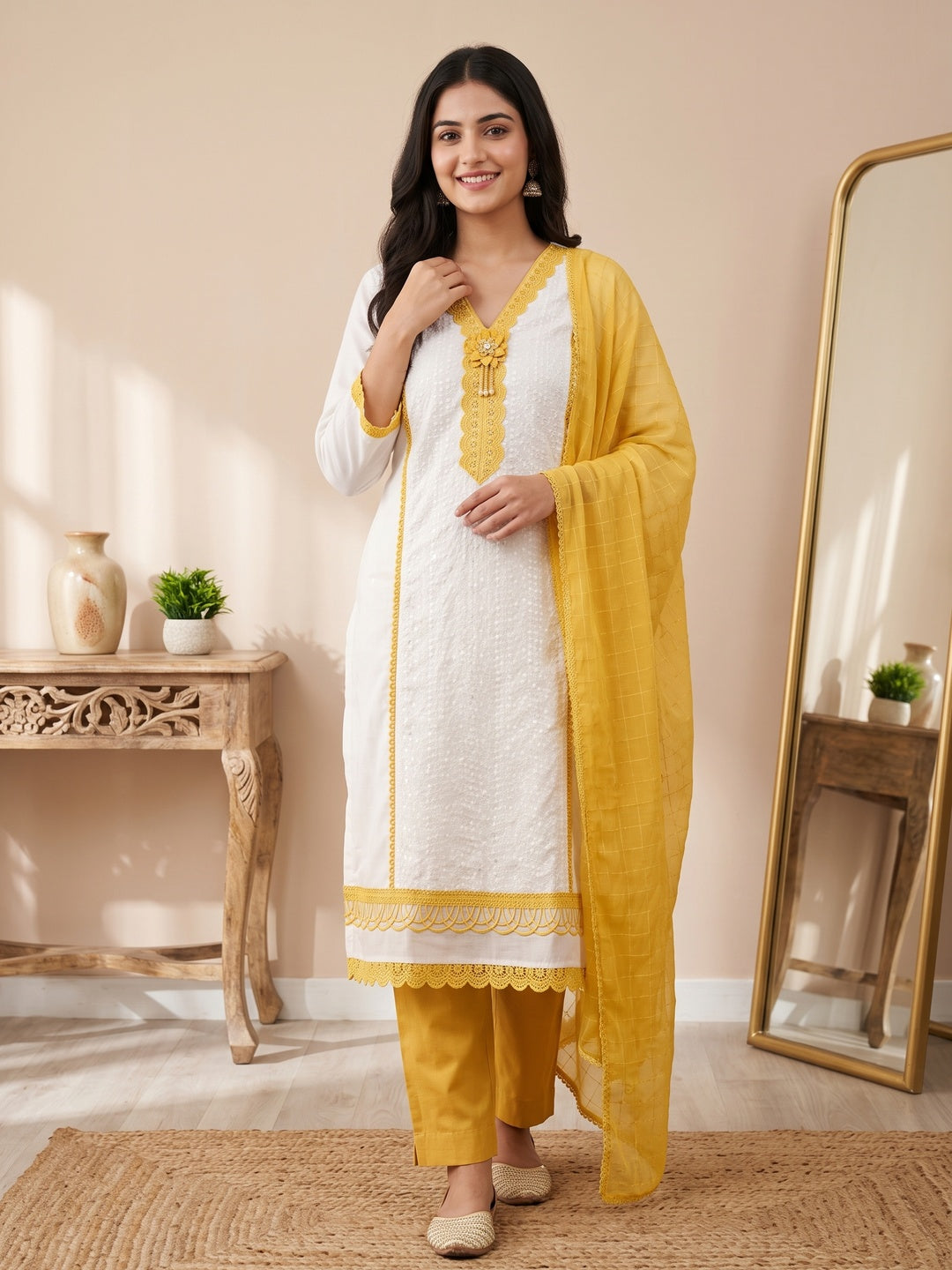 White & Yellow Cotton Blend Dress Material With Elegant Schiffli & Sequins Work - Image 1