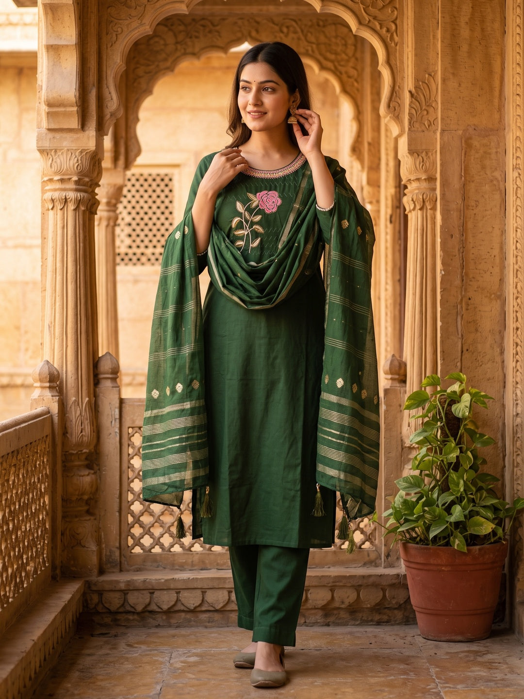 Green Cotton Blend Dress Material Adorned With Swarovski Accents and Floral Threadwork - Image 1