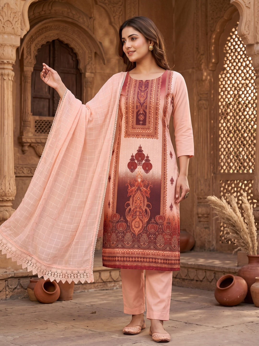 Peach Cotton Blend Dress Material With Elegant Schiffli Work & Artistic Digital Print - Image 1