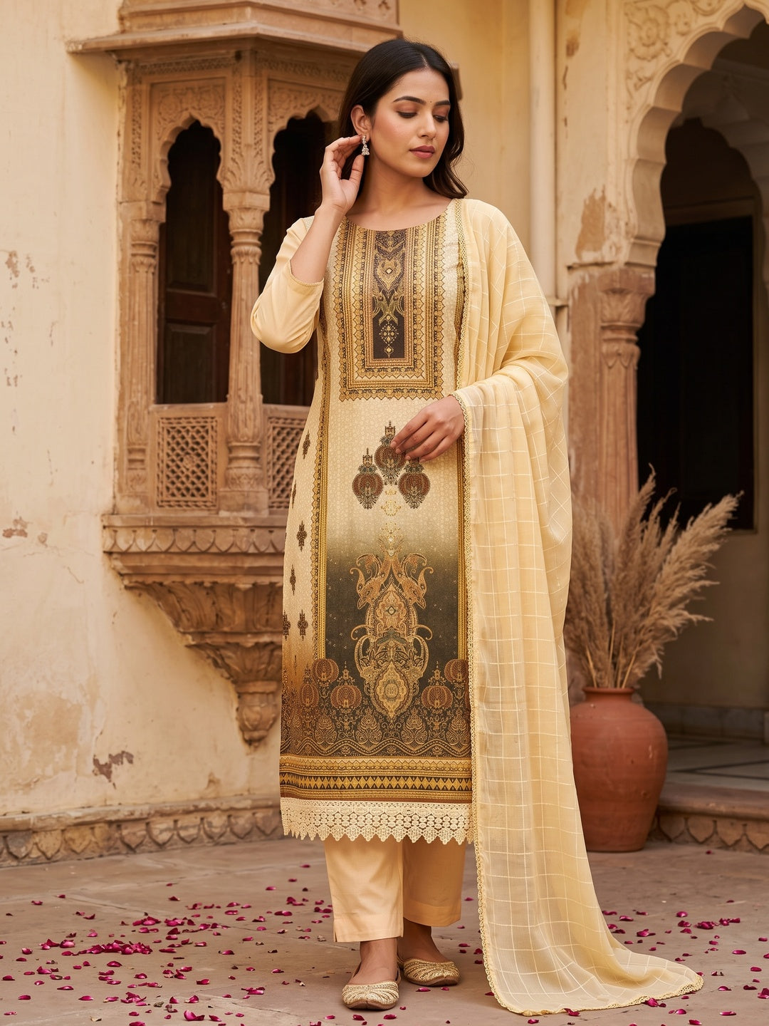 Yellow Cotton Blend Dress Material With Elegant Schiffli Work & Artistic Digital Print - Image 1