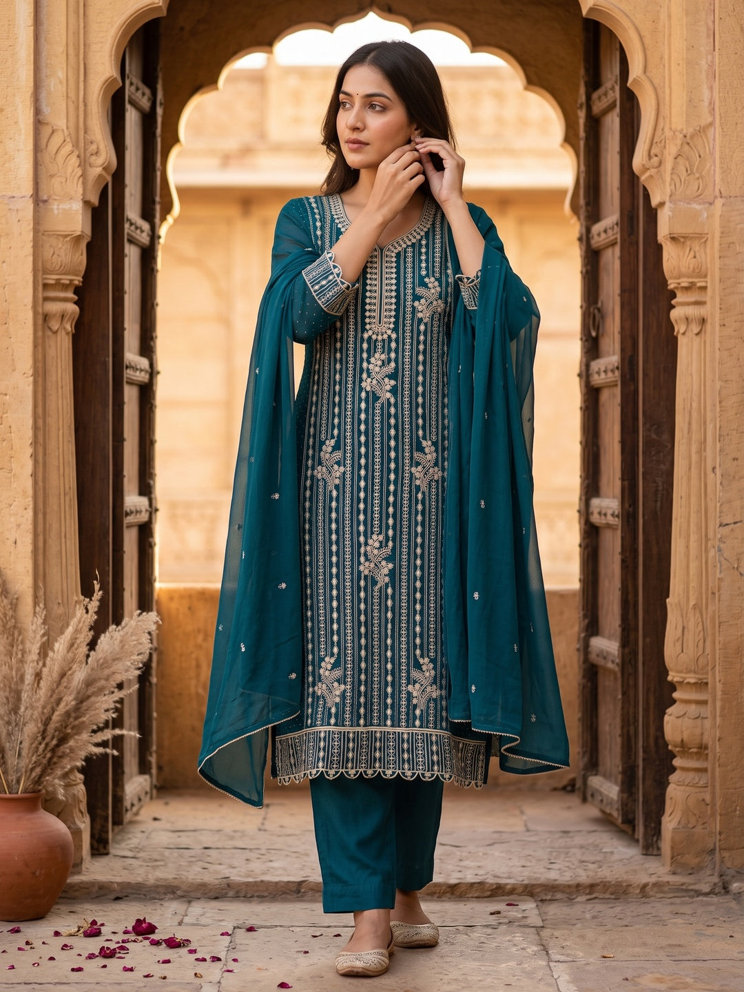 Teal Georgette Dress Material with Opulent Threadwork - Image 1