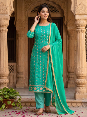 Rama Green Dress Material With Floral Embroidery & Traditional Gota Patti Work - Image 1
