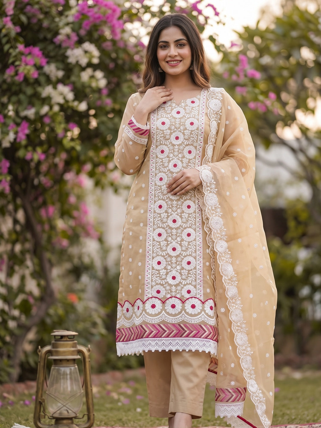 Chikoo Organza Dress Material With Intricate Floral Thread Embroidery - Image 1