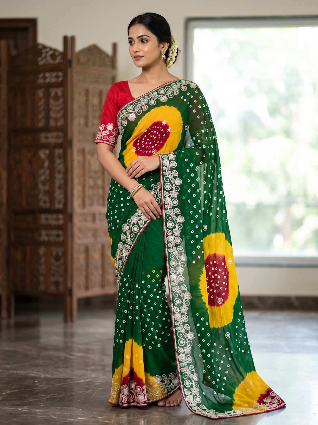 Peachmode Green Georgette Saree - Image 1