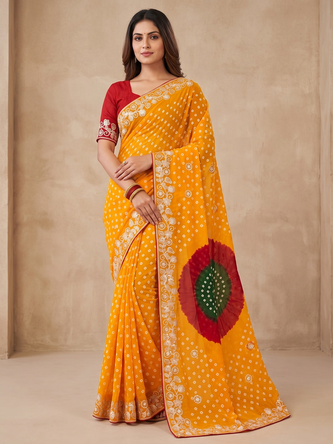 Peachmode Yellow Georgette Saree - Image 1