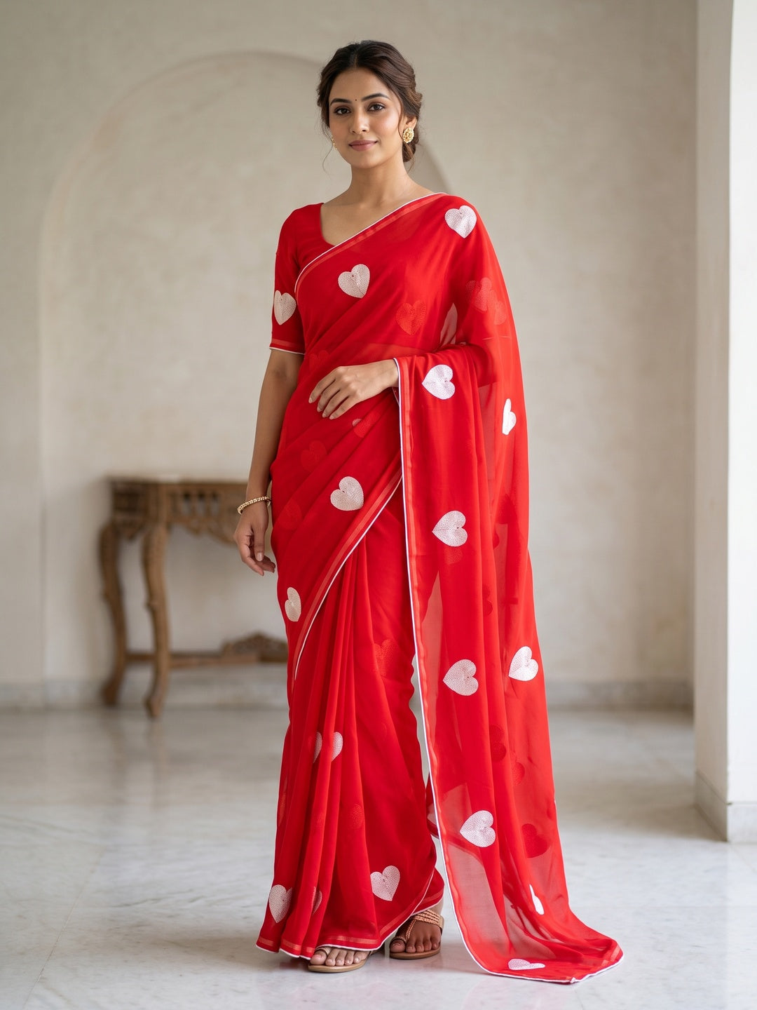 Peachmode Red Georgette Saree - Image 1