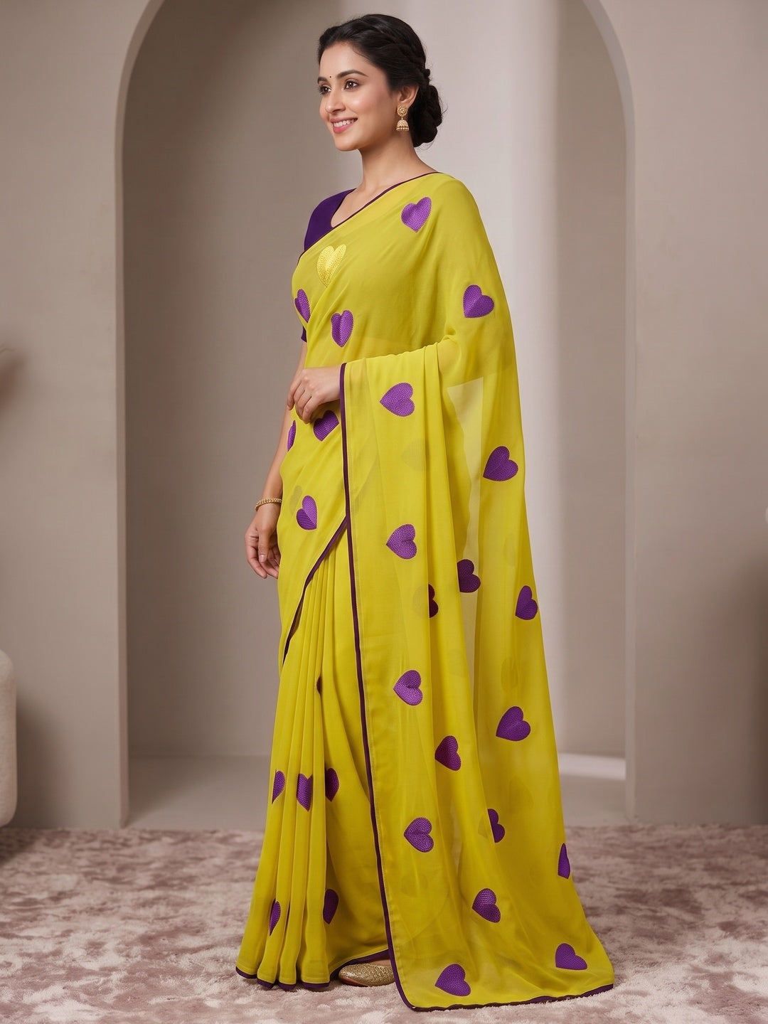 Peachmode Yellow Georgette Saree - Image 3