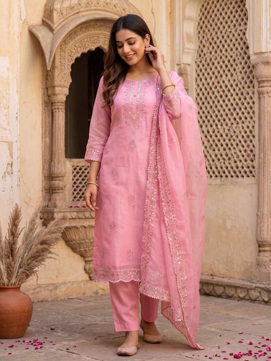 Pink Organza Silk Dress Material With Exquisite Floral Embroidery & Sequin Work - Image 1