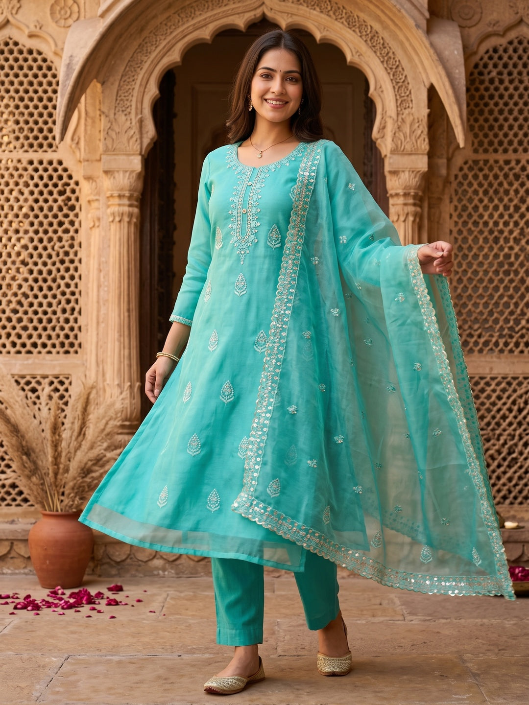 Turquoise Organza Silk Dress Material With Exquisite Floral Embroidery & Sequin Work - Image 1