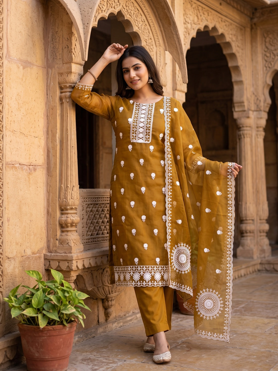 Dark Mustard Organza Dress Material With Intricate Floral Thread Embroidery - Image 1