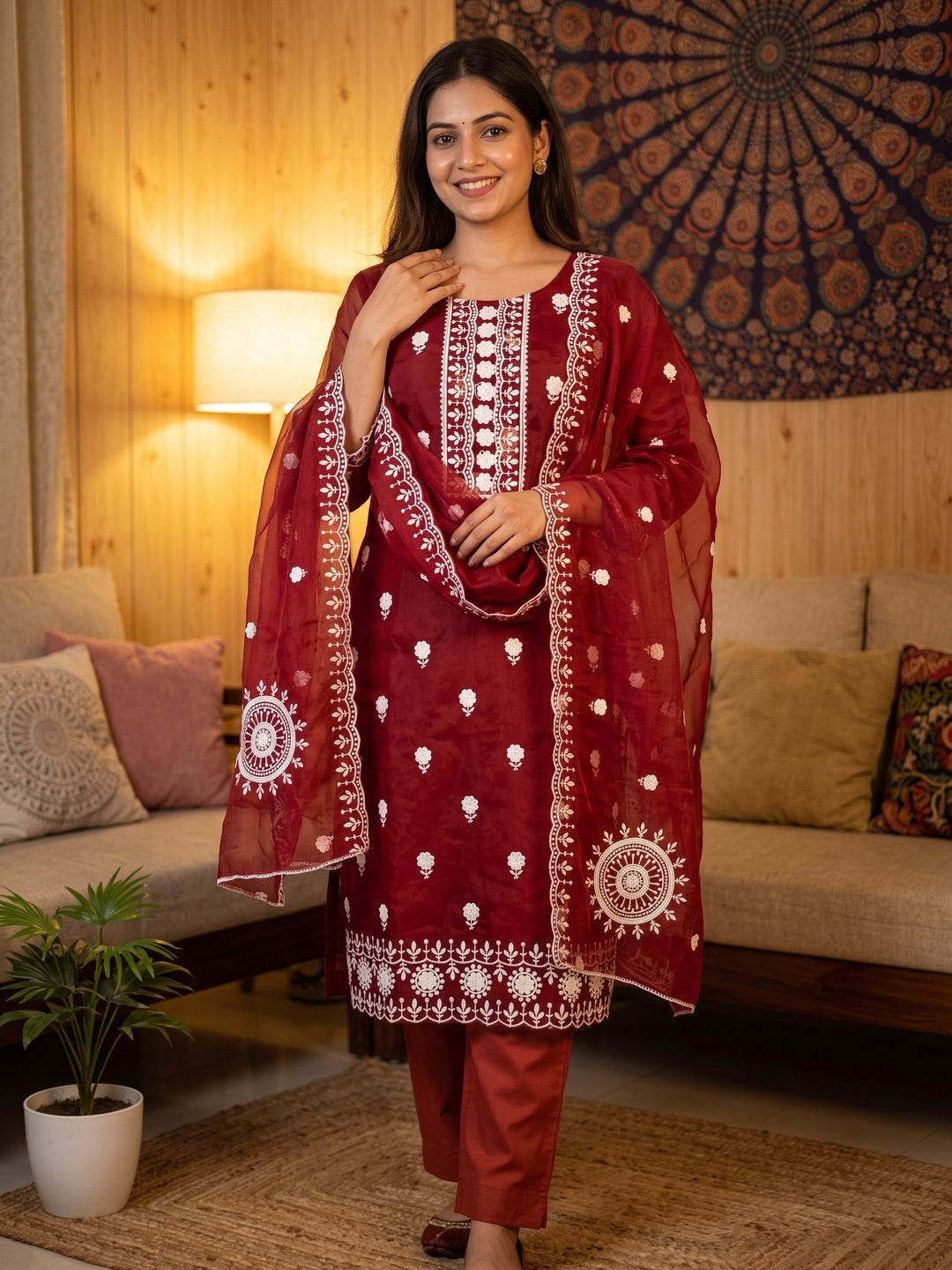 Maroon Organza Dress Material With Intricate Floral Thread Embroidery - Image 1