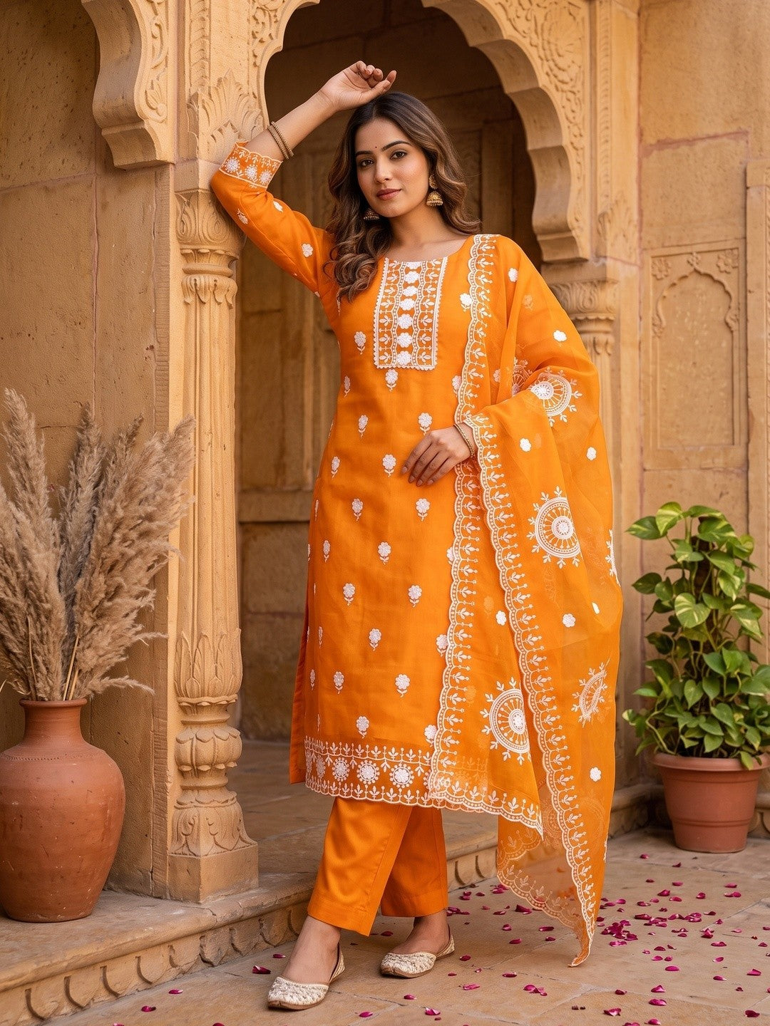 Orange Organza Dress Material With Intricate Floral Thread Embroidery - Image 1