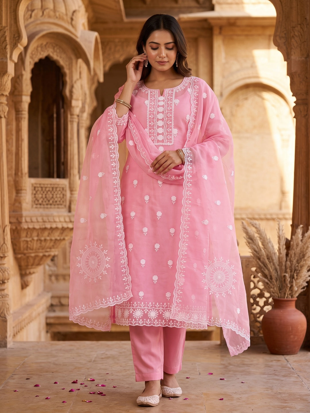 Pink Organza Dress Material With Intricate Floral Thread Embroidery - Image 1