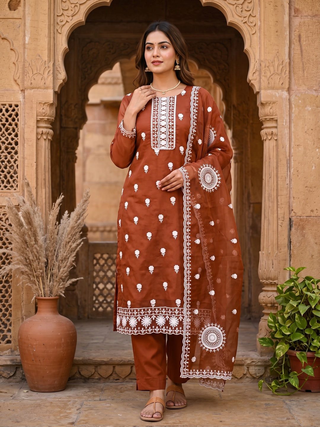Rust Organza Dress Material With Intricate Floral Thread Embroidery - Image 1