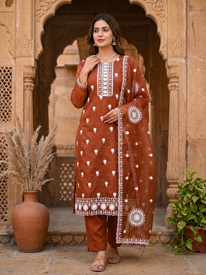 Rust Organza Dress Material With Intricate Floral Thread Embroidery - Image 1