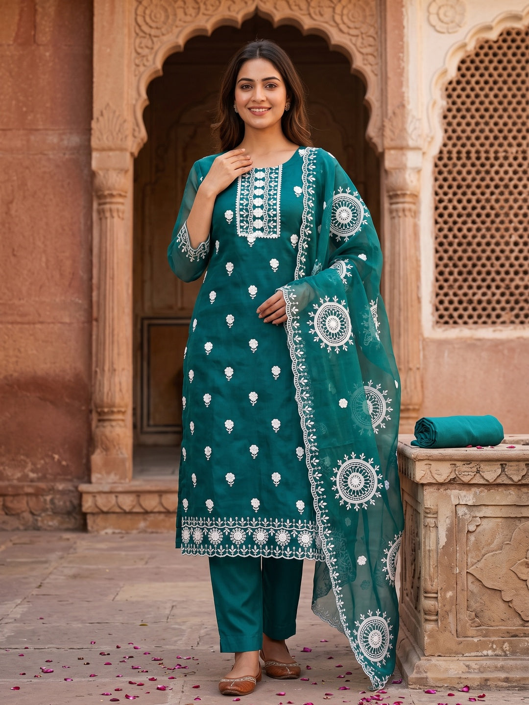 Teal Organza Dress Material With Intricate Floral Thread Embroidery - Image 1