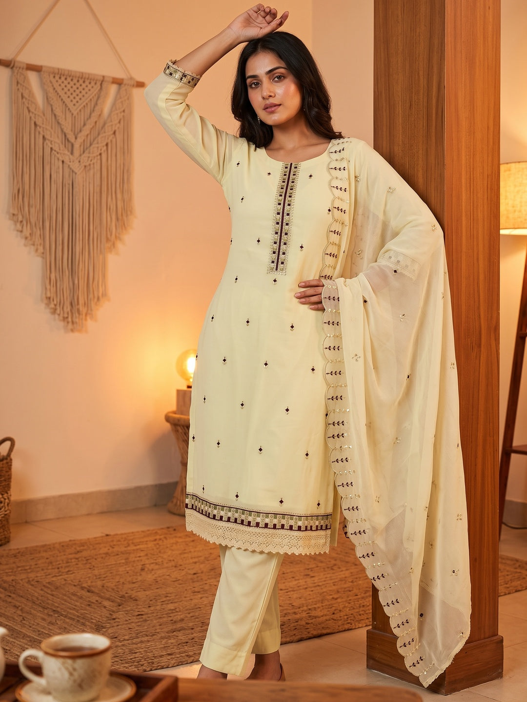 Light Yellow Sequins & Thread Embroidered Georgette Dress Material - Image 1