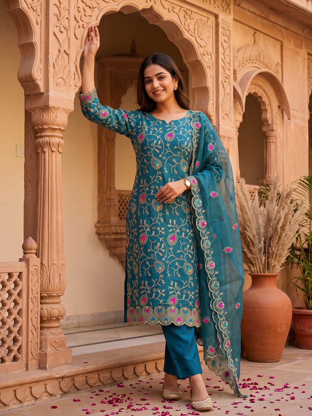Elegant Rama Blue Organza Dress Material with Exquisite Floral Thread & Zari Embroidery - Image 2