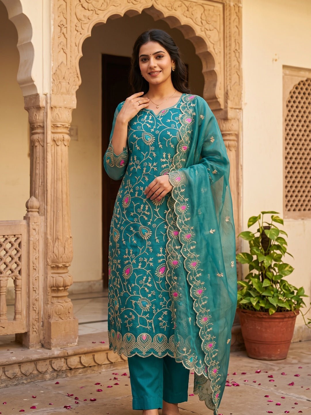 Elegant Rama Blue Organza Dress Material with Exquisite Floral Thread & Zari Embroidery - Image 1