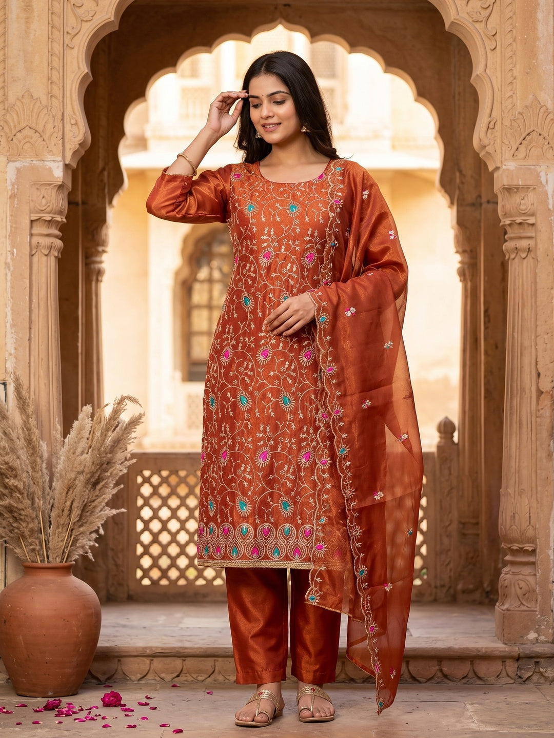 Elegant Rust Organza Dress Material with Exquisite Floral Thread & Zar