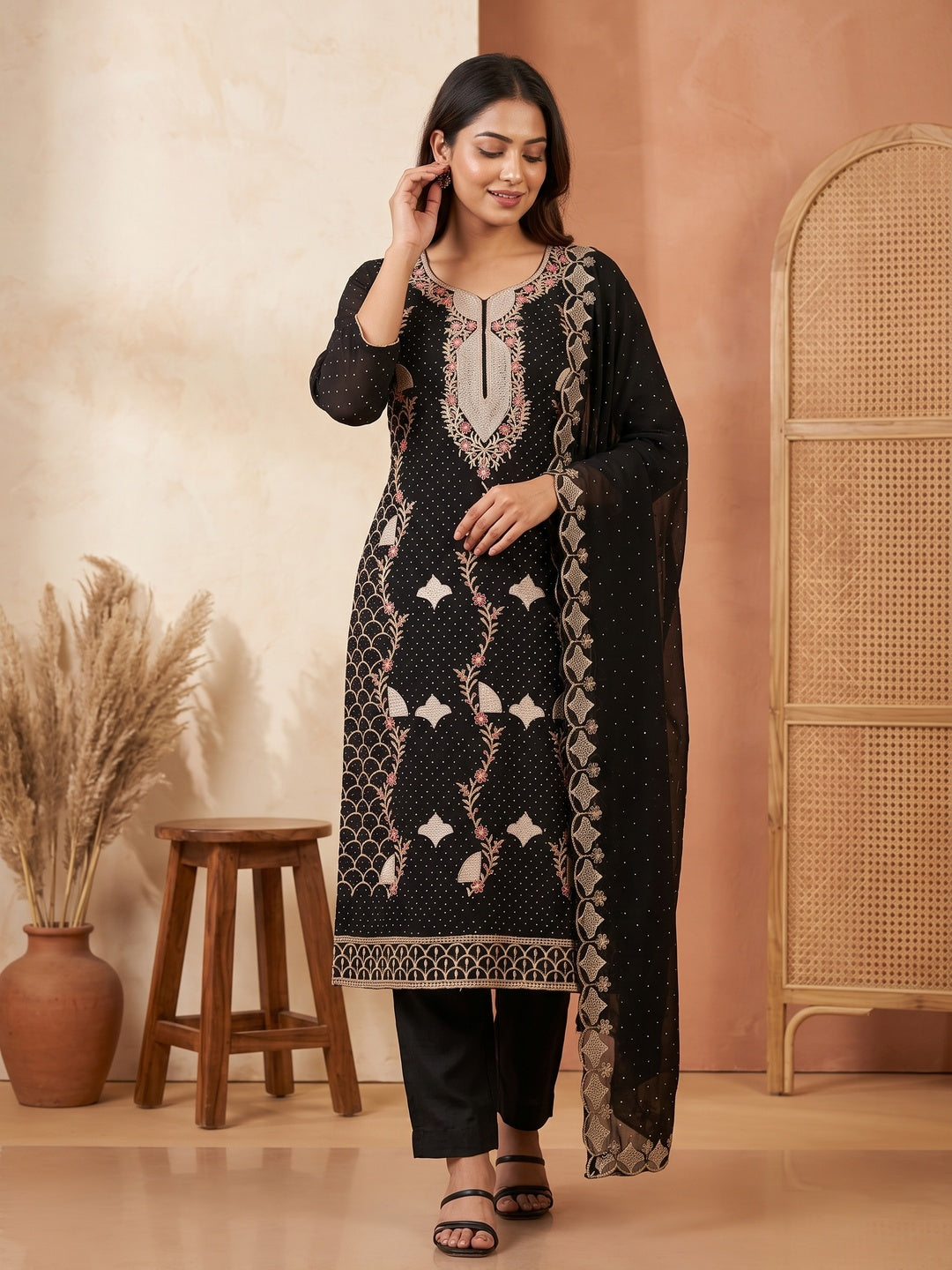 Black Georgette Dress Material With Exquisite Floral Embroidery And Stonework - Image 1