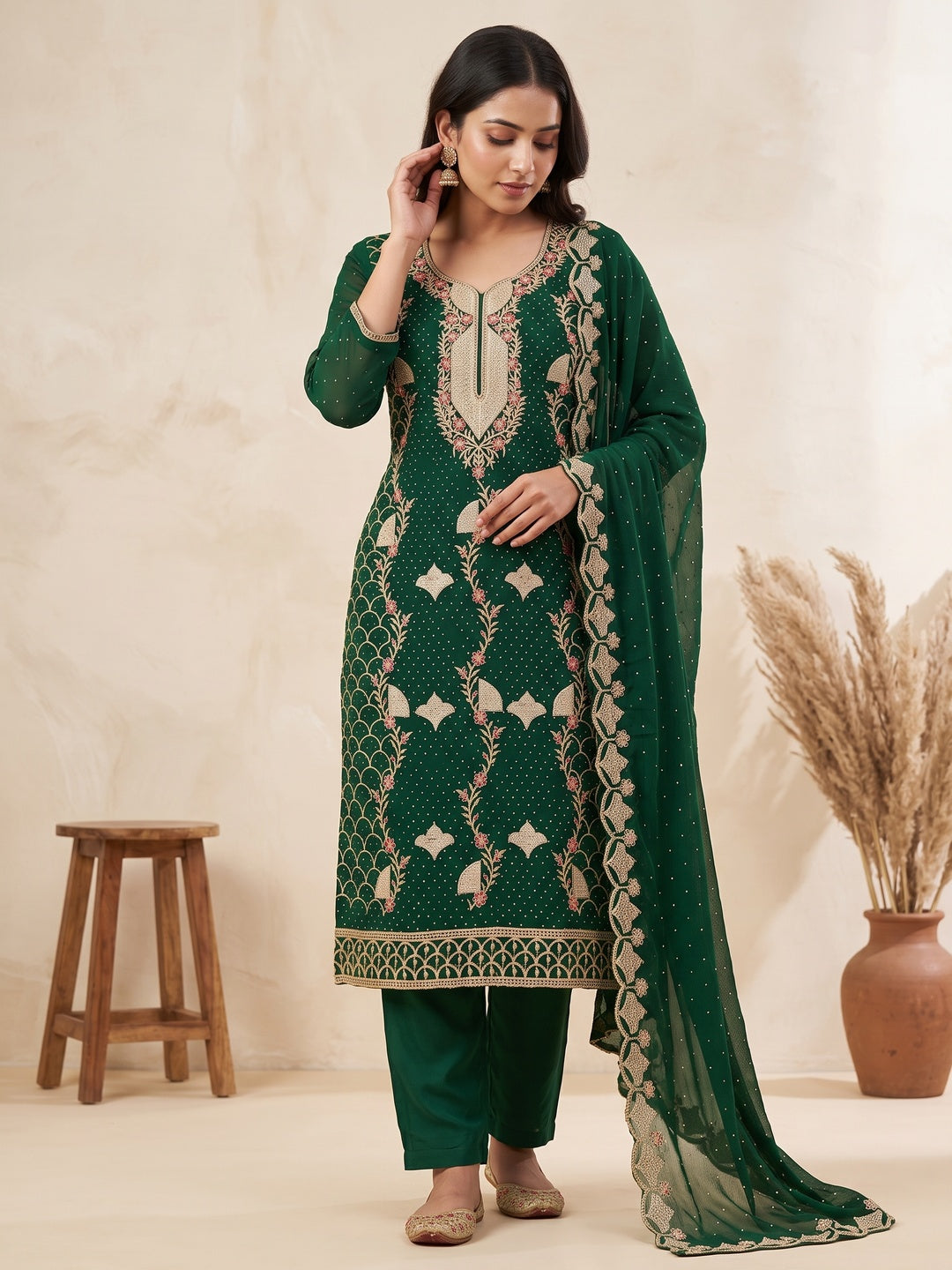 Green Georgette Dress Material With Exquisite Floral Embroidery And Stonework - Image 1