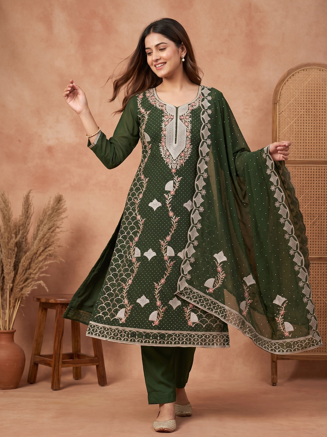 Mehendi Green Georgette Dress Material With Exquisite Floral Embroidery And Stonework - Image 1