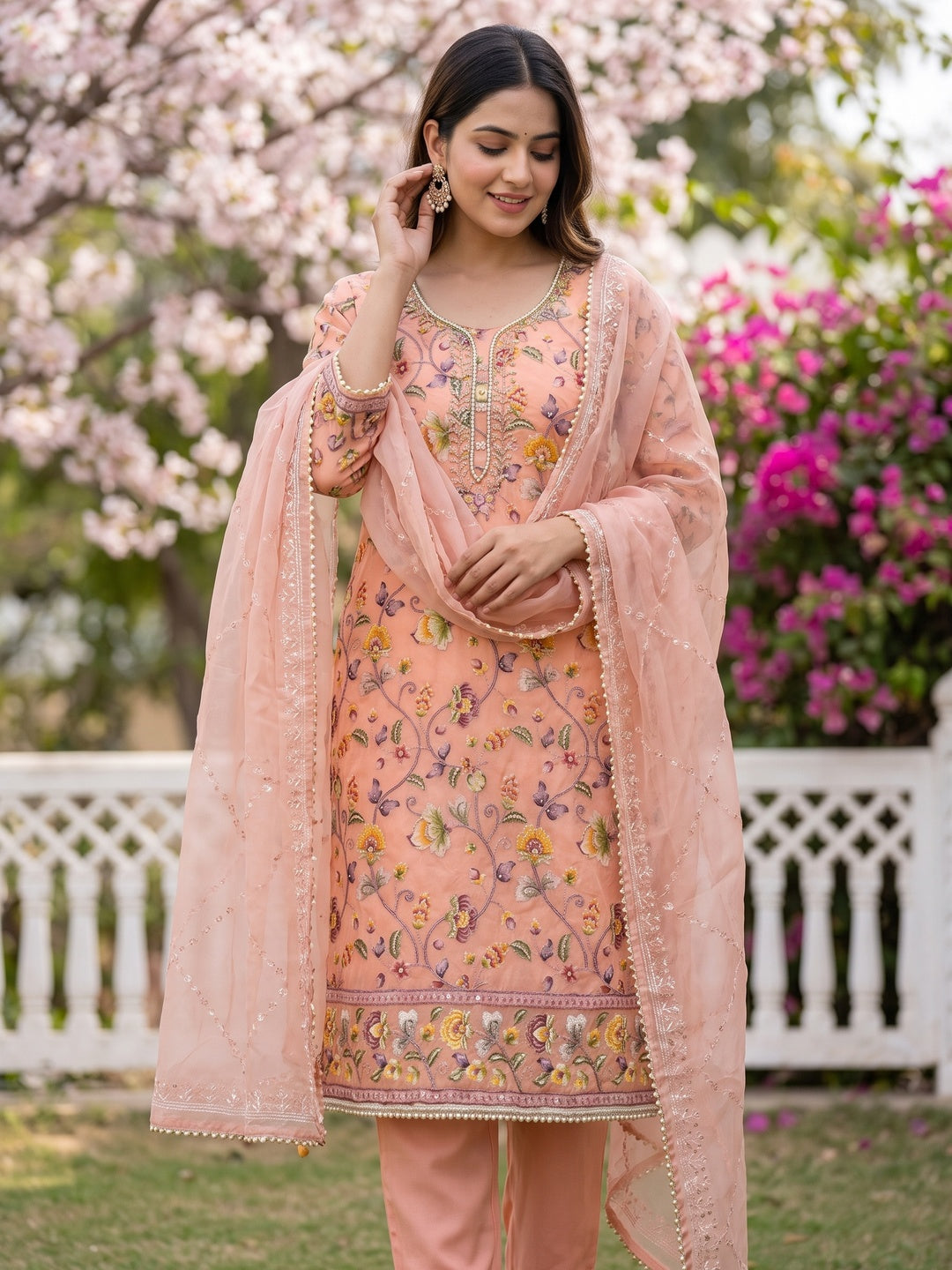 Peach Organza Dress Material With Graceful Floral Print With Handwork Detailing - Image 1
