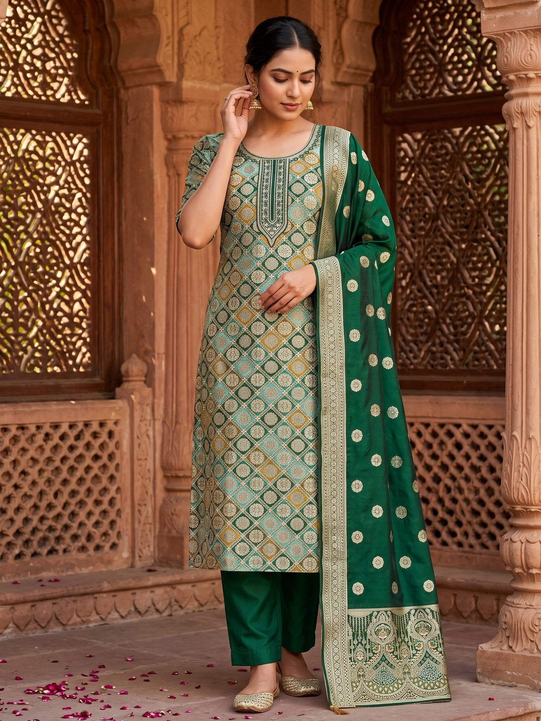 Green Unstitched Dress Material in Zari Woven Jacquard - Image 1
