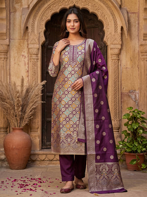 Wine Unstitched Dress Material in Zari Woven Jacquard - Image 1