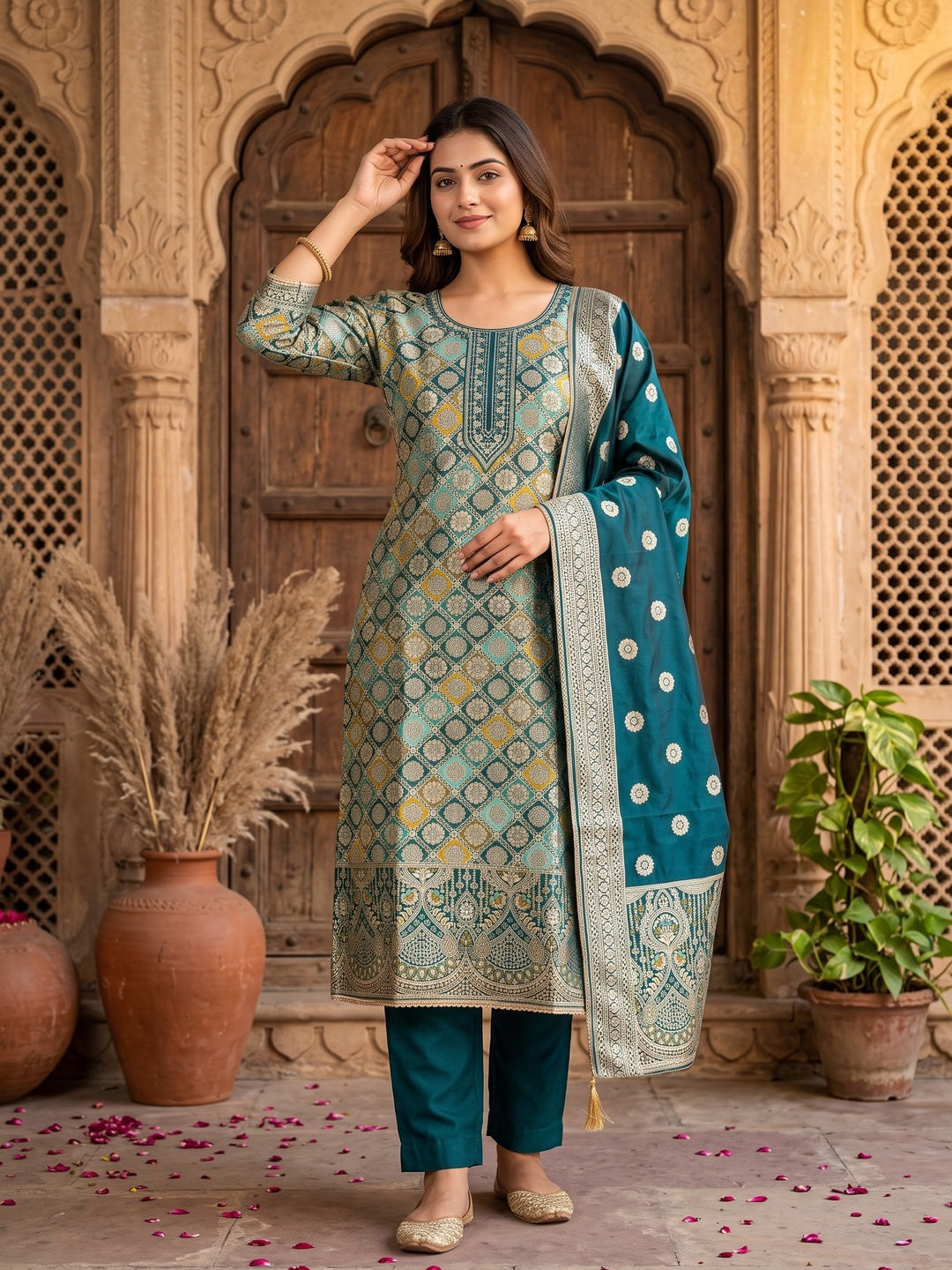 Dark Teal Unstitched Dress Material in Zari Woven Jacquard - Image 1