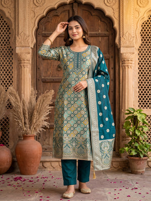 Dark Teal Unstitched Dress Material in Zari Woven Jacquard - Image 1