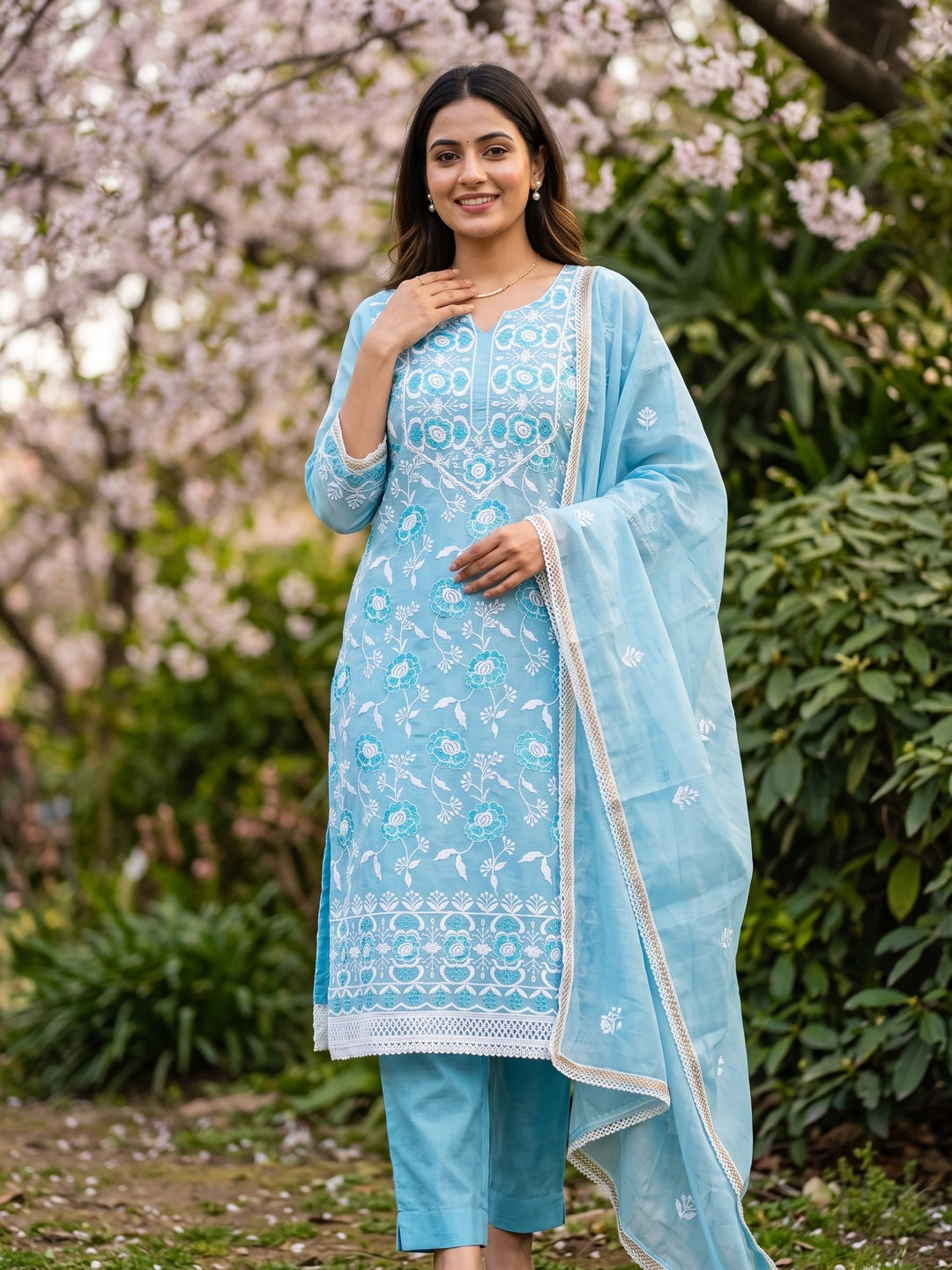 Sky Blue Embroidered Chanderi Cotton Suit Fabric with Floral Detailing - Image 2