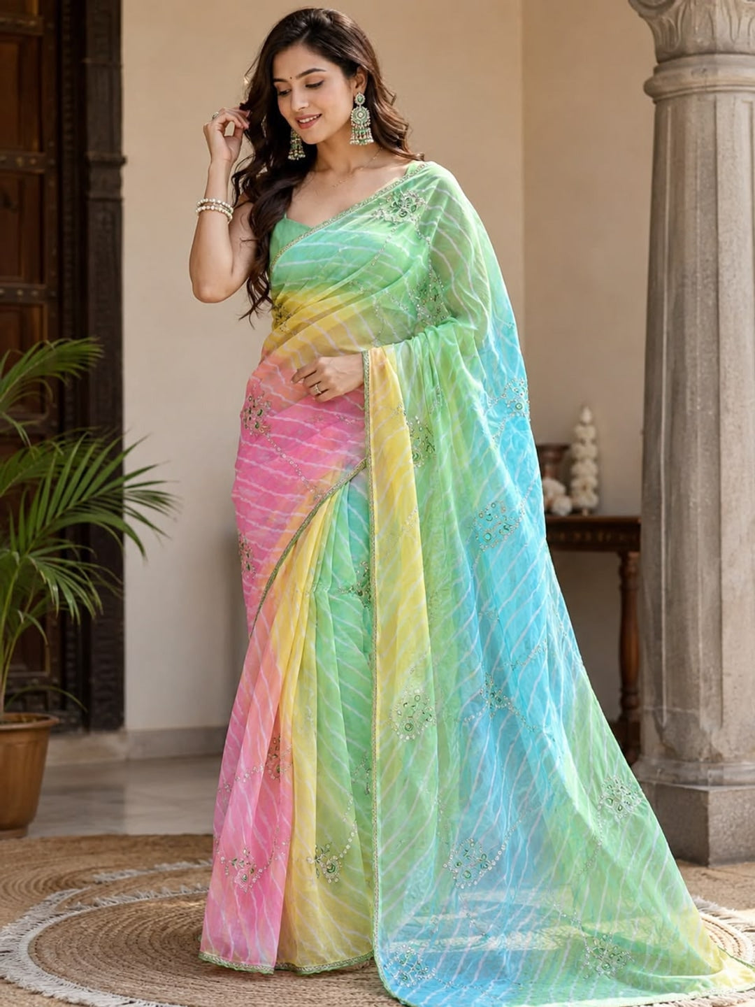Peachmode Green Multicolor Hand Work Lehariya Georgette Saree - Image 1