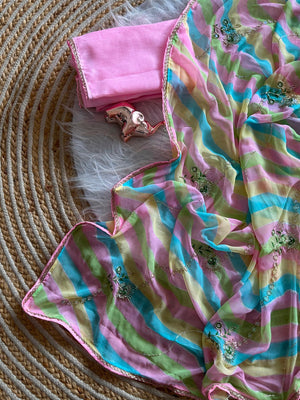 Peachmode Pink Multicolor Hand Work Lehariya Georgette Saree - Image 2
