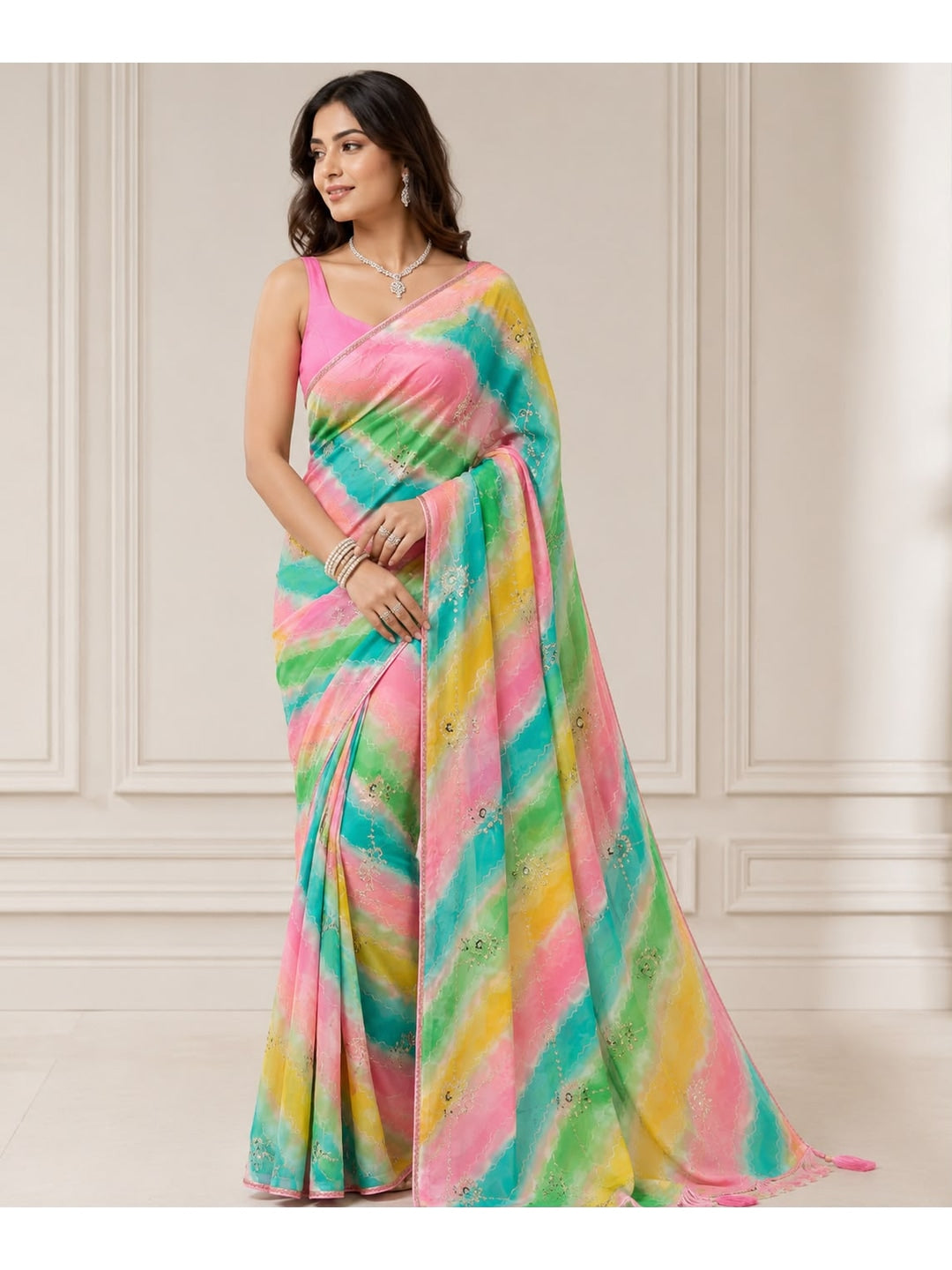 Peachmode Green Pink Hand Work Lehariya Georgette Saree - Image 1