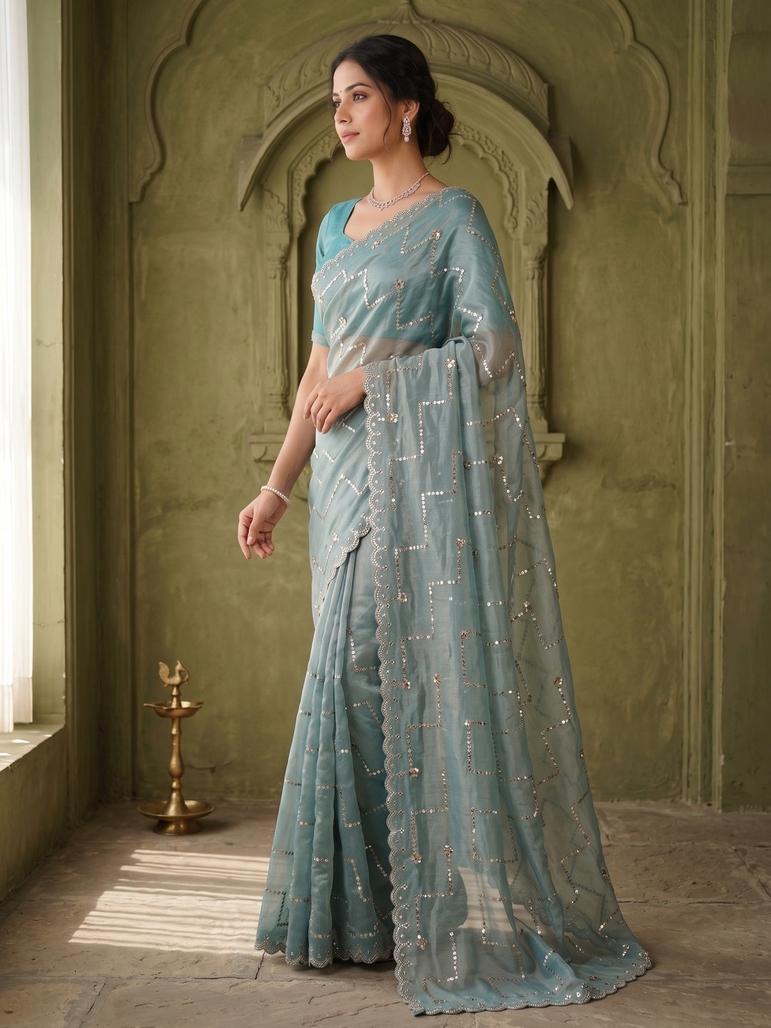 Graceful Turquoise Sequins With Detailed Beads & Stone Work Organza Satin Silk Saree - Image 4