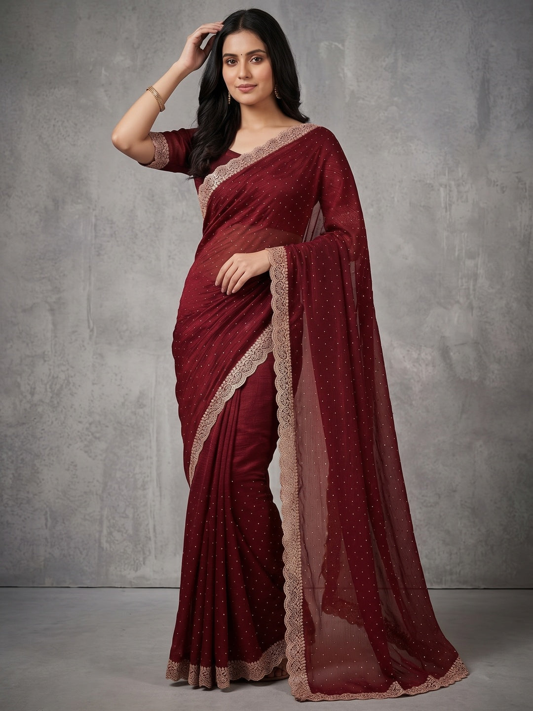 Maroon Chiffon Saree with Delicate Lace Border and Embellishments - Image 6