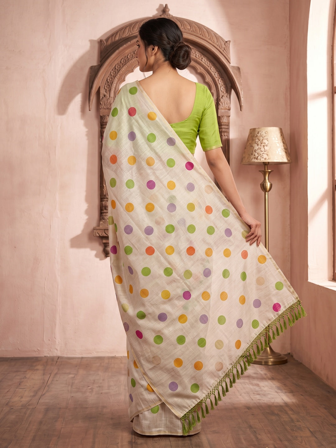Cream Art Silk Saree with Contemporary Polka Dot Print & Tassel Edge - Image 2