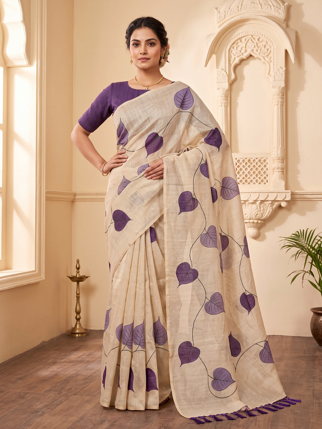 Beige & Violet Saree in Art Silk Featuring Leafy Print & Tassels - Image 5