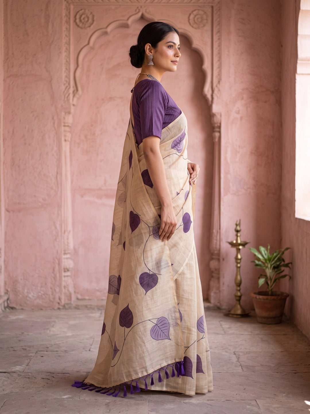 Beige & Violet Saree in Art Silk Featuring Leafy Print & Tassels - Image 6