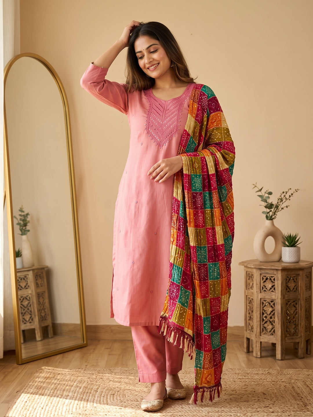 Pink Cotton Blend Suit Material with Soft Floral Embroidery - Image 1