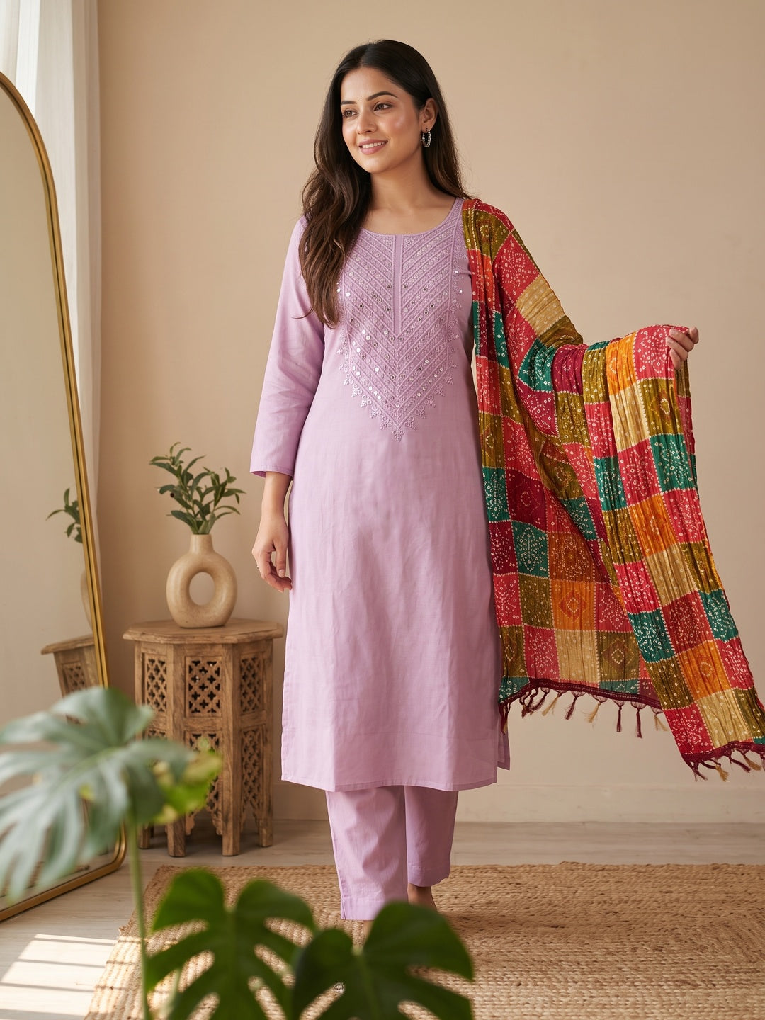Light Purple Cotton Blend Suit Material with Soft Floral Embroidery - Image 1