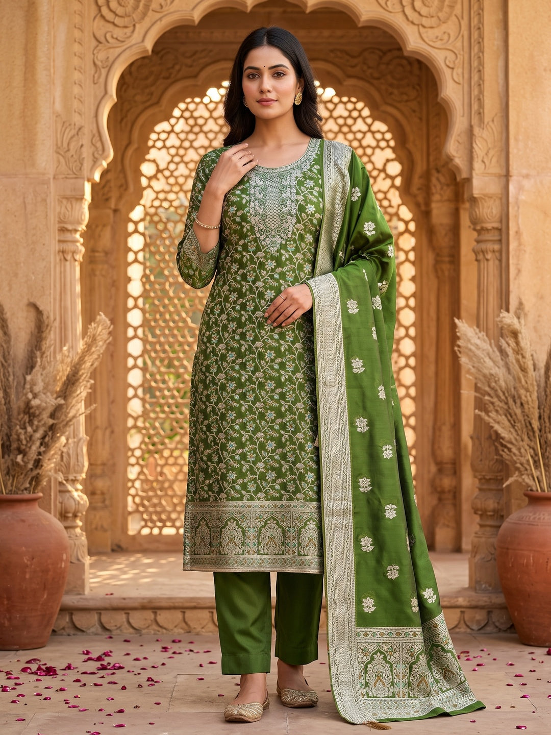 Unstitched Green Jacquard Dress Set with Traditional Zari Weaving - Image 1